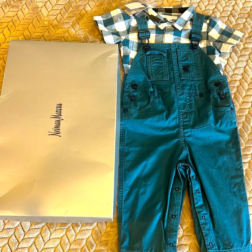 BNWT 2 piece Burberry baby overalls and short sleeve button down shirt.